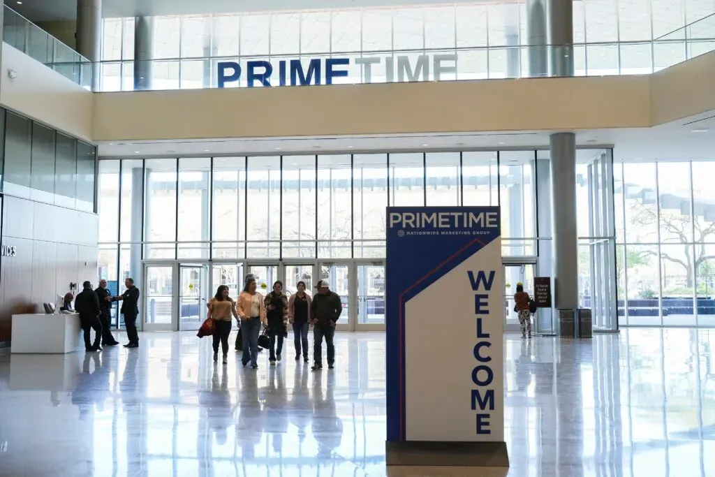 Entryway of a convention center with signage